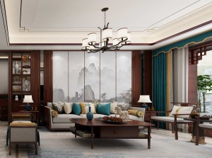 风景御园140平米新中式风格效果图  客厅沙发墙