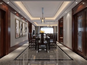 白桦林居175平新中式风格效果图  餐厅、客厅