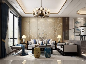 中海铂宫380㎡新中式别墅效果图  沙发墙