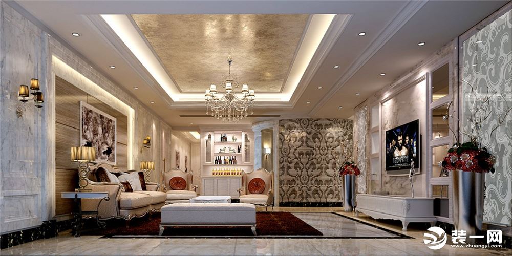 客厅使用璀璨的水晶吊灯，在缀以金边的雕花以及奢华家具的装饰映衬下，淡淡的古典欧式情怀悠然渗溢。让整栋