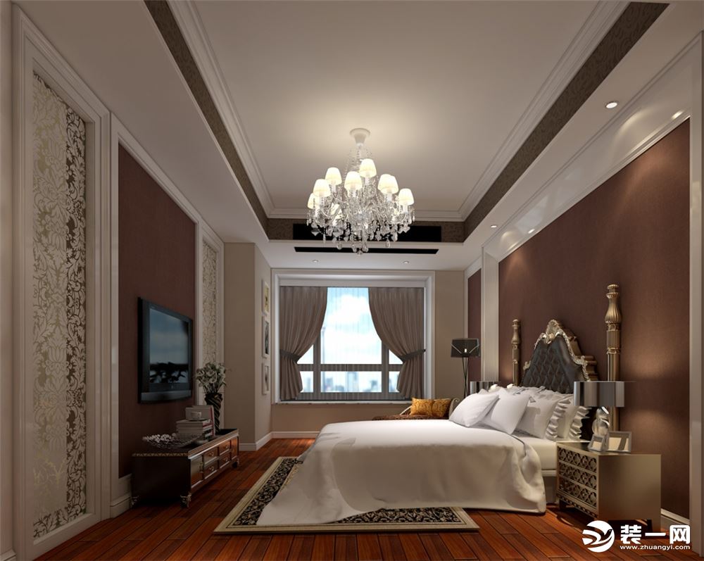 间装修使用纯实木地板，空间使用紫色色调，材质上皮质背景墙，典雅舒适。