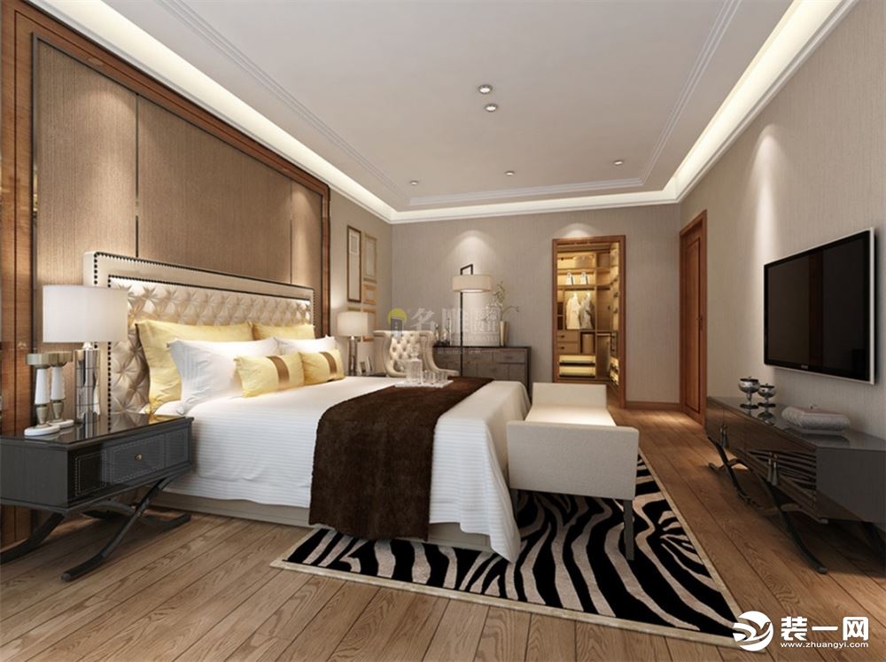 卧室的设计大方简洁，清逸淡雅又富有时代感，整体色彩搭配上统一协调，墙面造型简单，柔和的光源使整个空间