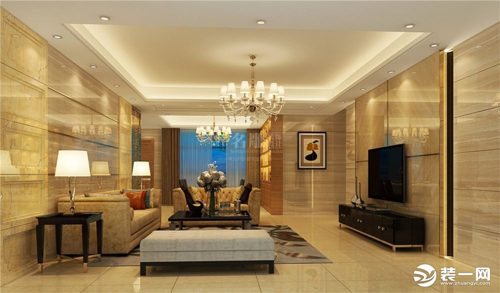 客厅天花以简洁的处理手法，配合辅助灯光，体现整个空间的氛围，，电视背景和沙发背景，让原本略显局促的客