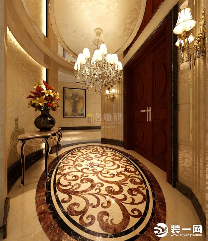 两通式圆形玄关，加上天花的镜面特殊处理及地面石材拼花，使得空间延伸，奢华、优雅大气。