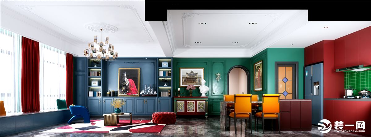 经典的才是永不过时的，在客厅设计中融入了更多的复古经典元素和颜色大胆的搭配。