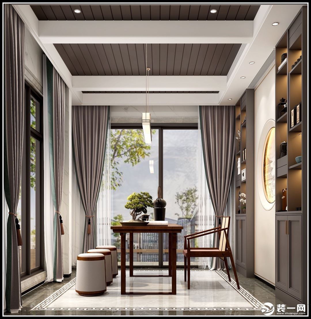 【名雕装饰】简洁雅致的茶室空间，设计中延续以灰阶淡彩登堂。窗帘垂直丝光线条感，三面通透采光视野极好。