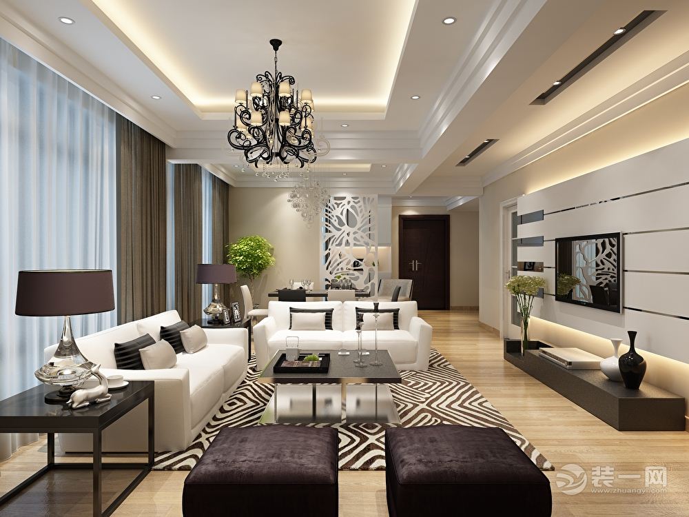 【客厅】现代主义的沙发，顶面直线叠层吊顶，更能体现现代风格。