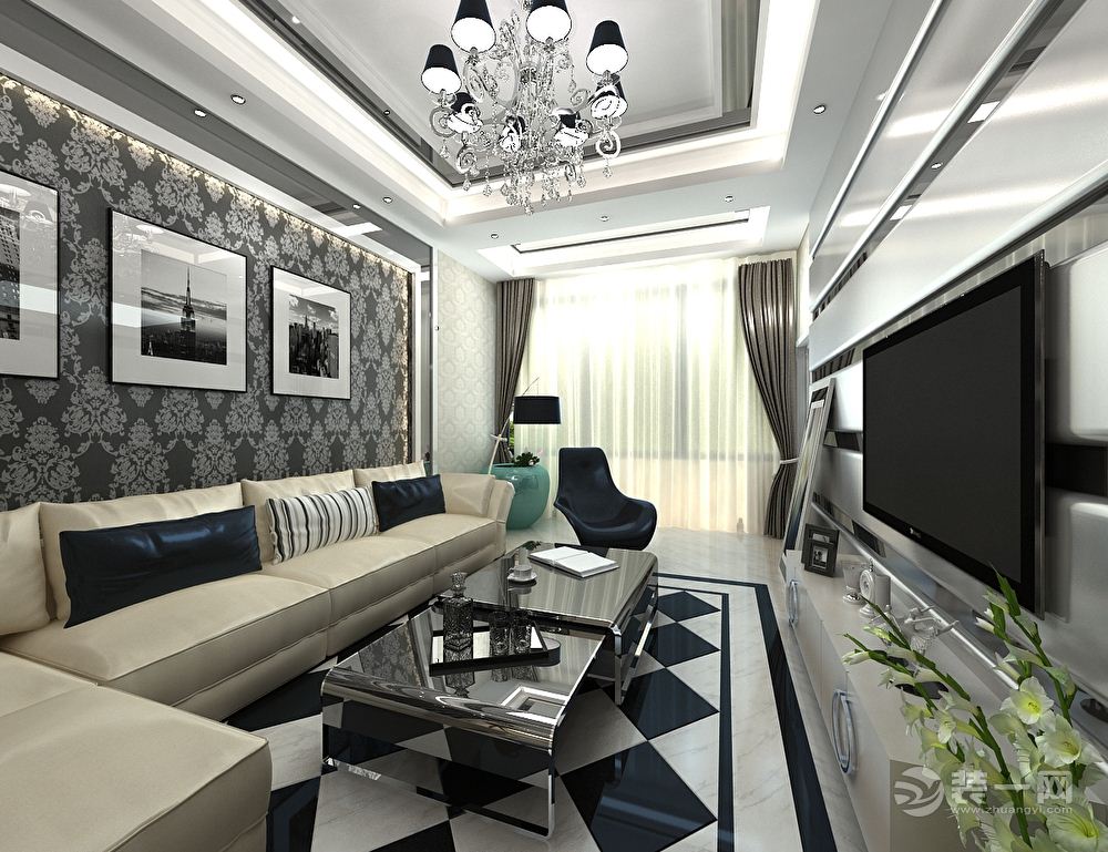 【客厅】沙发背景墙的黑底灰花的装饰墙纸，更加能体现现代主义的装饰风格。