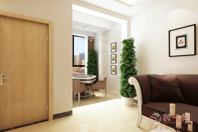 【休闲区】在白色墙体空间里面点缀两棵植物，使得室内空间在视觉上的色彩搭配更加清新自然。