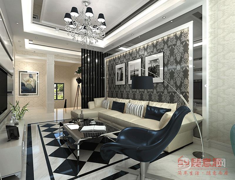 【客厅】经典黑白灰色调的客厅效果图，加上地面全抛釉地砖的平花处理。