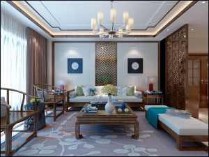 【客厅】中式风格，传统室内陈设包括字画、匾幅、盘景、陶瓷、古玩、屏风、博古架等，追求一种修身养性的生
