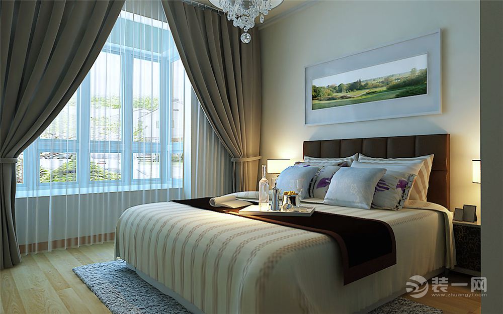 郑州建业联盟新城139平三居室现代简约风格装修卧室窗户镜头