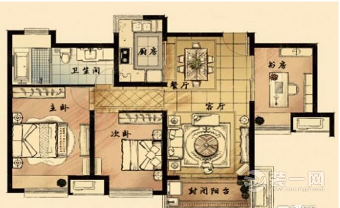 苏州九龙仓时代上城风华里110平三居室混搭风格装修户型图