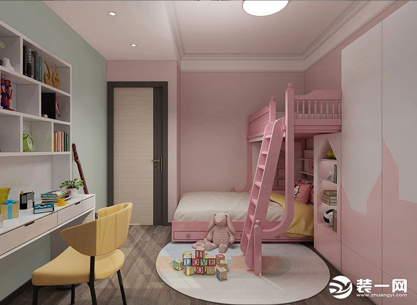 儿童房整体以少女粉为基调，搭配暖意木质地板，靠墙床铺， 将家具都靠墙设置，留出更宽敞的空间供小孩子玩