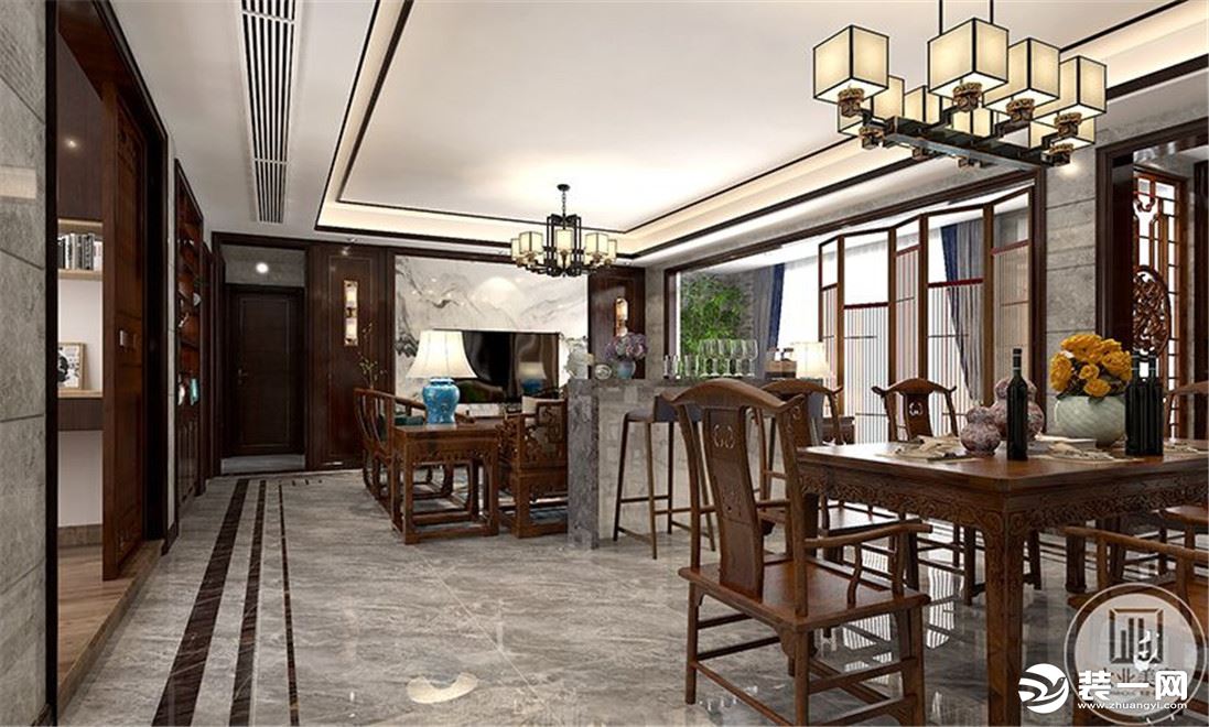 客餐厅为一厅式，增加吧台的设计，扩展空间体量。灰色的大理石地砖与白色的吊顶，将空间融为整体，视野上利