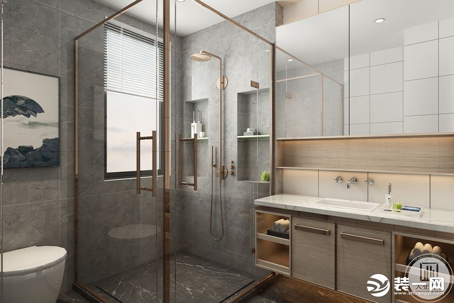 卫生间淋浴间采用金属勾边玻璃墙隔断，搭配简洁的浅灰色墙砖，营造明朗舒适的视觉效果，浅木色的盥洗台，大