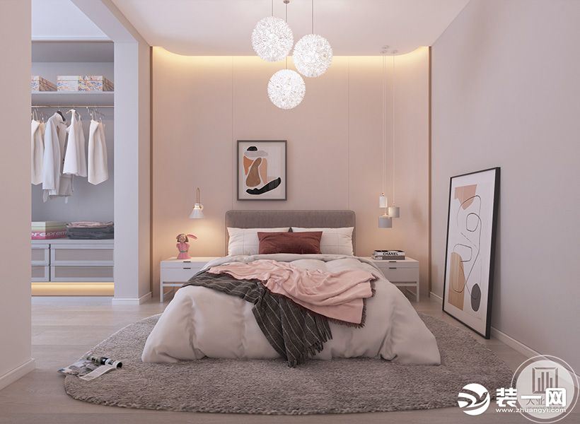 卧室空间左右划分为衣帽间和休息区域，榻榻米形制的软包床品，地毯柔和，抽象画融入其中，灯饰造型别致，在