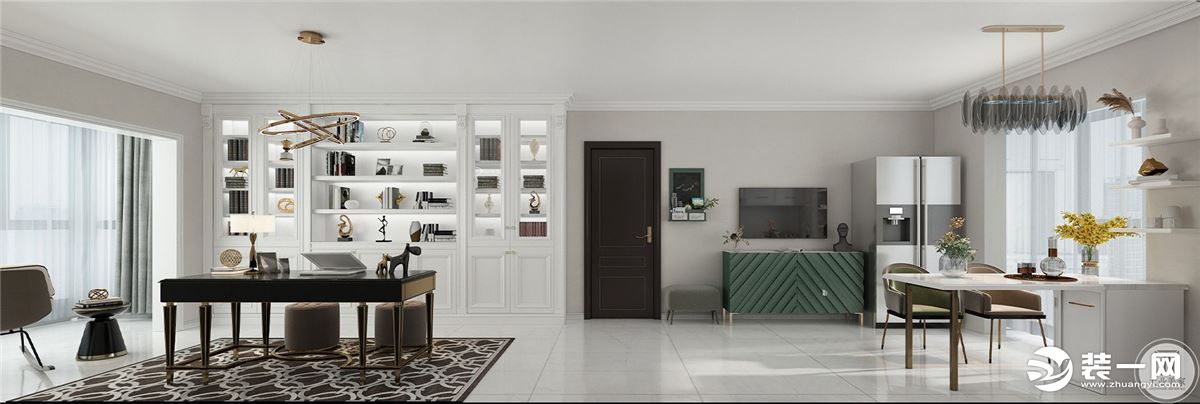 客厅以纯白色和灰色为主旋律，刻意弱化了区域结构与色彩，而是采用直白简练的设计语言来凸显空间气质。当极