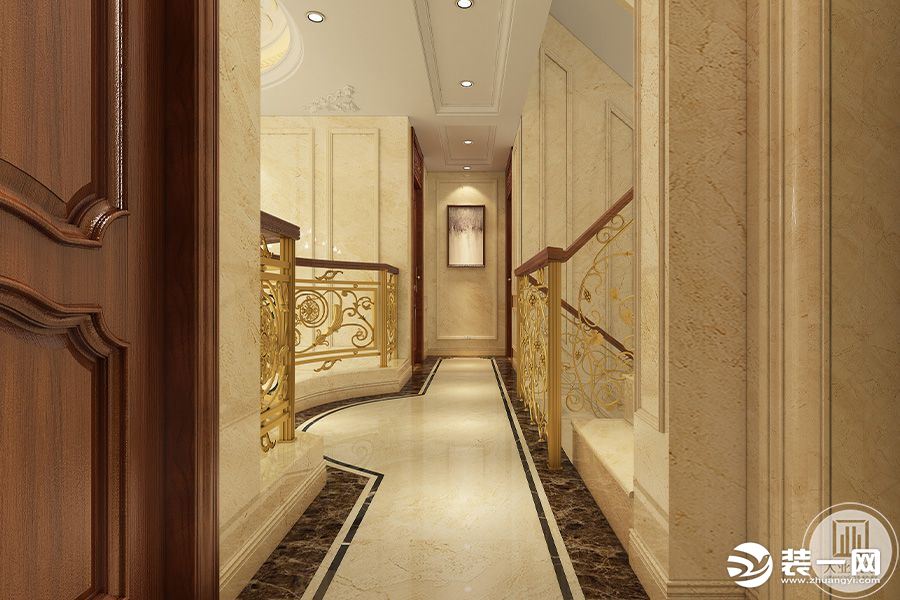 走廊过道硬朗厚重的材质形成天然装饰效果，搭配金色的雕花楼梯栏杆，无声彰显奢华与贵气。