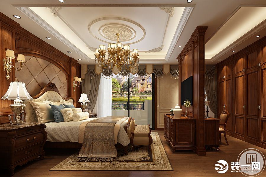 卧室在硬朗的石质基础上融合了深棕色的木质隔断、柜子、床头背景墙等，搭配花纹细腻的地毯与欧式床品，气度
