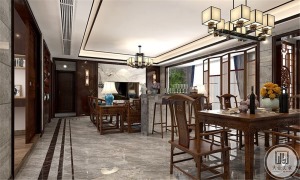 客餐厅为一厅式，增加吧台的设计，扩展空间体量。灰色的大理石地砖与白色的吊顶，将空间融为整体，视野上利
