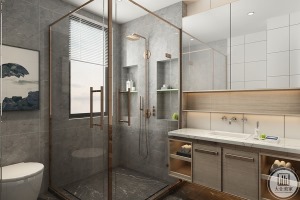 卫生间淋浴间采用金属勾边玻璃墙隔断，搭配简洁的浅灰色墙砖，营造明朗舒适的视觉效果，浅木色的盥洗台，大