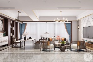 开放式的客厅空间一分为二，划分休息会客区与办公区域，落地窗通透明朗，辅以清新的蓝调与活力橙调的落地窗