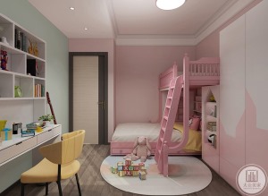 儿童房整体以少女粉为基调，搭配暖意木质地板，靠墙床铺， 将家具都靠墙设置，留出更宽敞的空间供小孩子玩