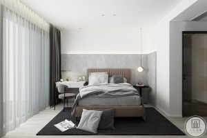 次卧整合不同质感及色彩，将空间分割为不同的区块，层次变化丰富，立面的床头背景墙丰富墙面装饰，床品、窗