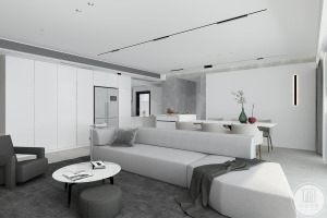 客厅使用大面积的纯白色，一字型的简约布艺沙发搭配富有质感的深灰色地毯、单人椅，黑白映衬间演绎舒朗的极
