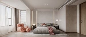金麟府现代风格卧室设计简单，只是简单的用了稍显设计感的床头灯，整体看起来低调又奢华。