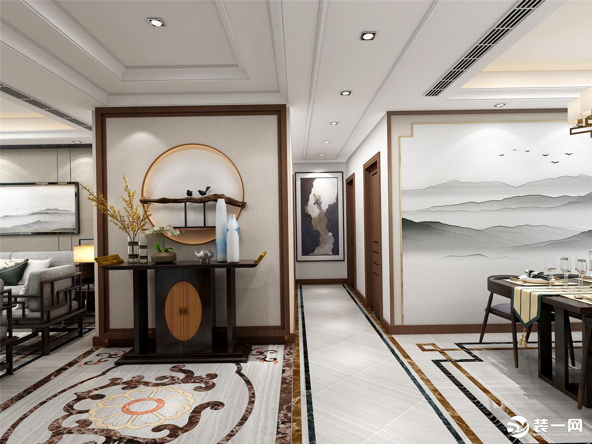 金地悦峰130平套三廊道客厅新中式风格装修效果图