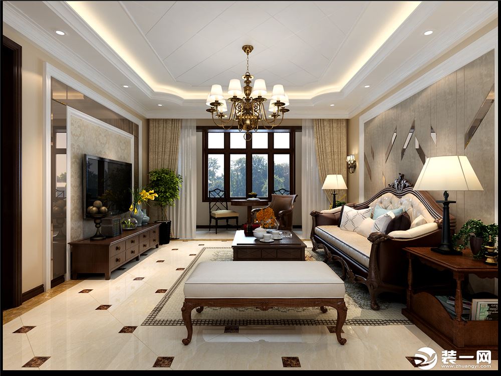 中海临安府125平三室两厅美式风格家装效果图