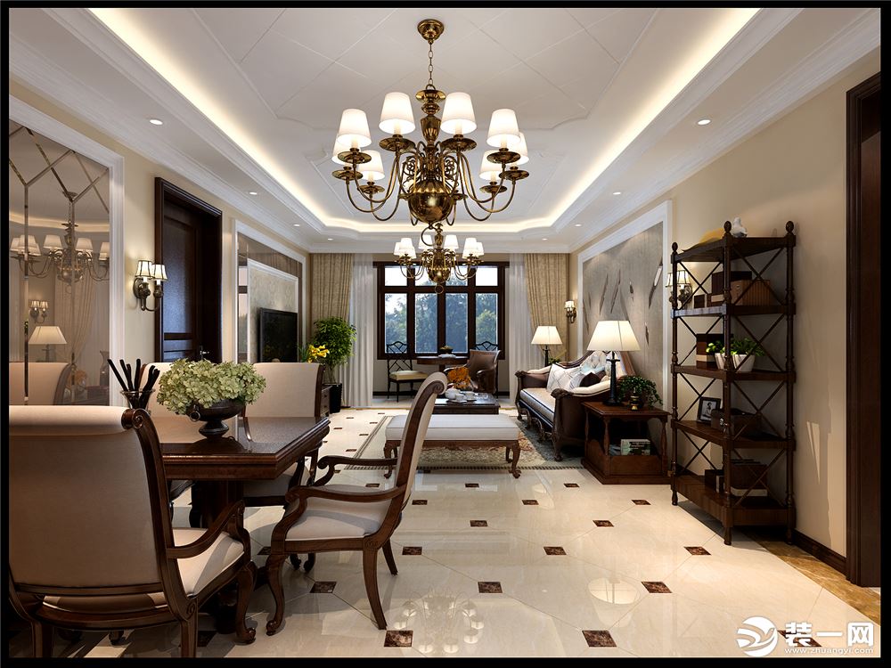 中海临安府125平三室两厅美式风格家装效果图