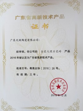 天弼陶瓷“全瓷大理石瓷砖”产品被认定为广东省高新技术产品