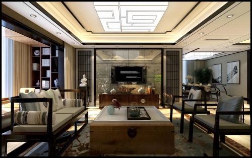 天水装修公司雅居阁品质高端装饰180平自建房新中式客餐厅装修风格效果图案例