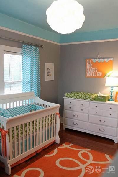 蓝色橘色清凉婴儿房装饰效果图