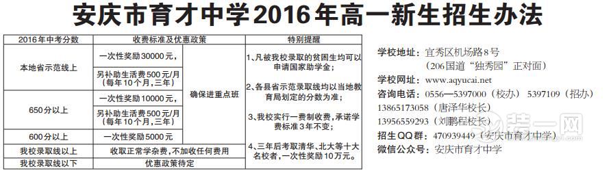 安庆市育才中学2016年高一新生招生办法