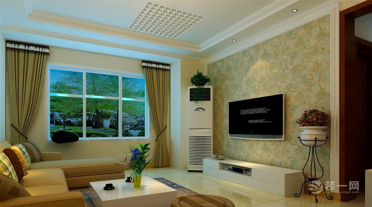 济南荣盛锦绣蓝湾现代简约中式风格装修效果图客厅电视背景墙