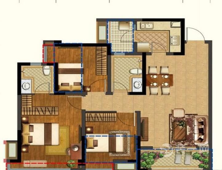 成都装修网保利锦湖林语90m²三室两厅户型图