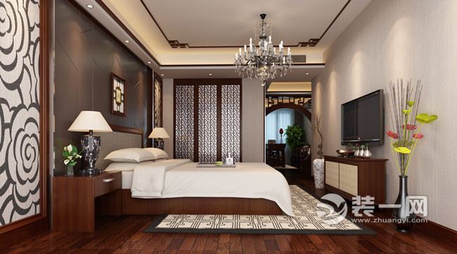 郑州装修网推荐海马公园200平米五室两厅两卫新中式风格卧室装修效果图