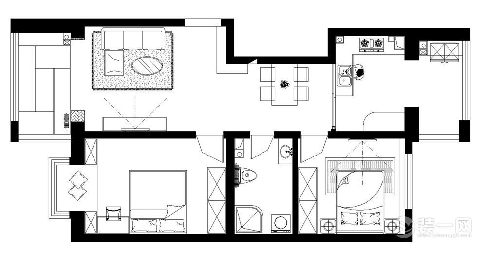 90平米两居室现代简约清新风格装修户型图