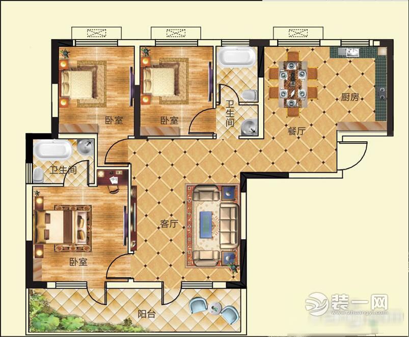 武汉保利公园家138平三居室新中式风格装修案例户型图