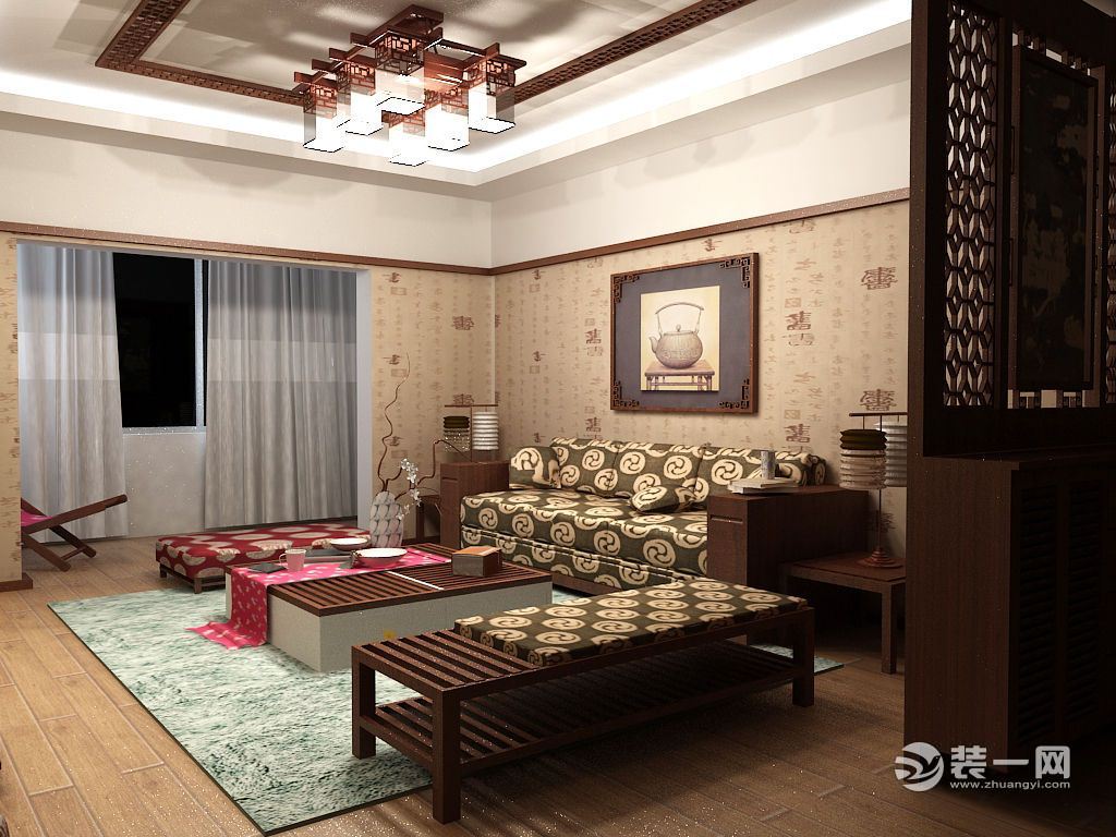 现代简约中式客厅壁纸装修效果图