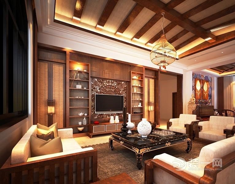佛山装饰公司360平现东南亚风格复式别墅客厅装修效果图