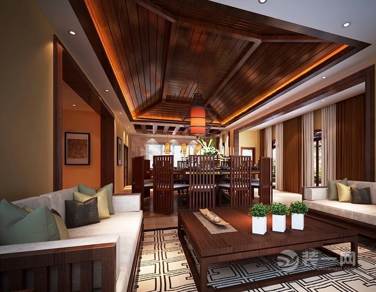 佛山装饰公司360平现东南亚风格复式别墅客厅装修效果图
