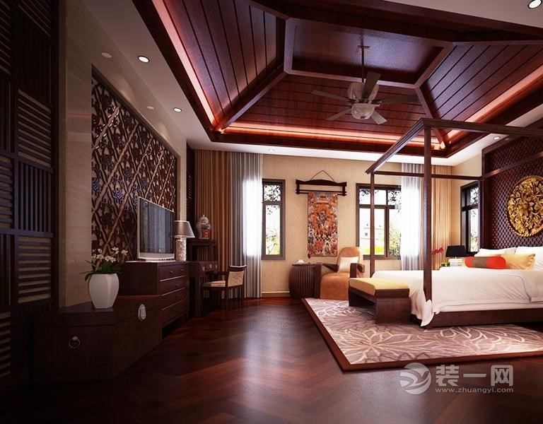 佛山装饰公司360平现东南亚风格复式别墅卧室装修效果图