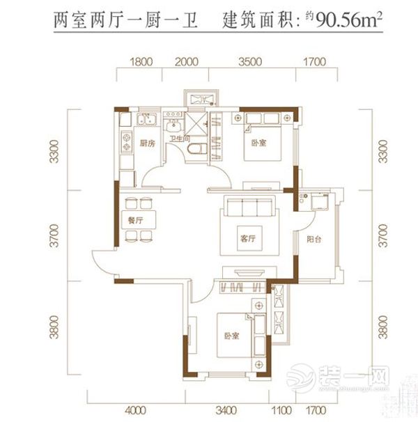 青岛90平两室两厅原木北欧风格家居装修效果图