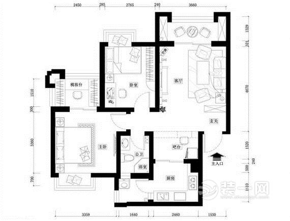 89平米两室两厅一卫装修户型图