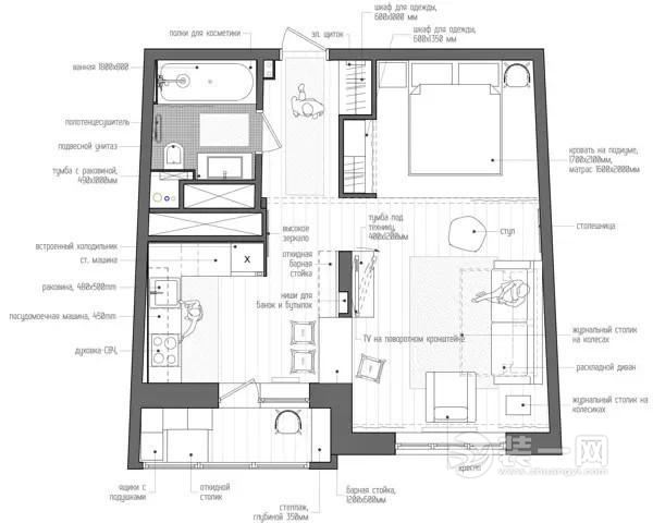 珠海装饰公司45平北欧风格一室一厅平面户型图